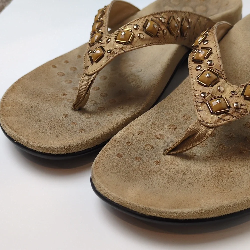 Vionic Floriana Tan Cork Embellished Suede Thong Flip Flop Sandals Women's 9